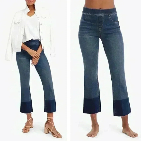 NWT SPANX Cropped Flare Denim Jeans Raw Hem Stretch Bodycon Shapewear High Waist - Picture 1 of 10